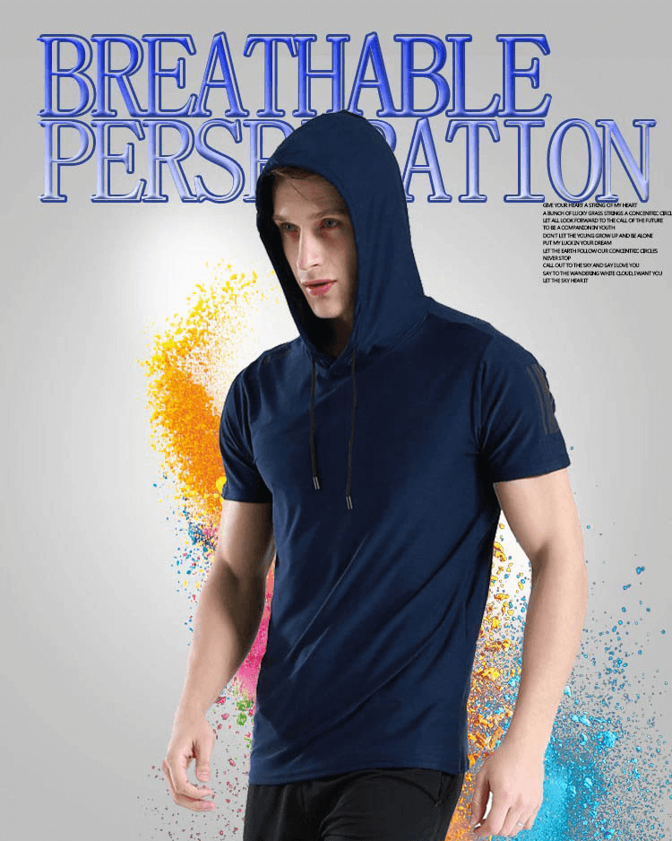 Model wearing blue quick-dry hooded sports T-shirt, breathable and sweat-absorbent, ideal for running and workout, style SF0351.