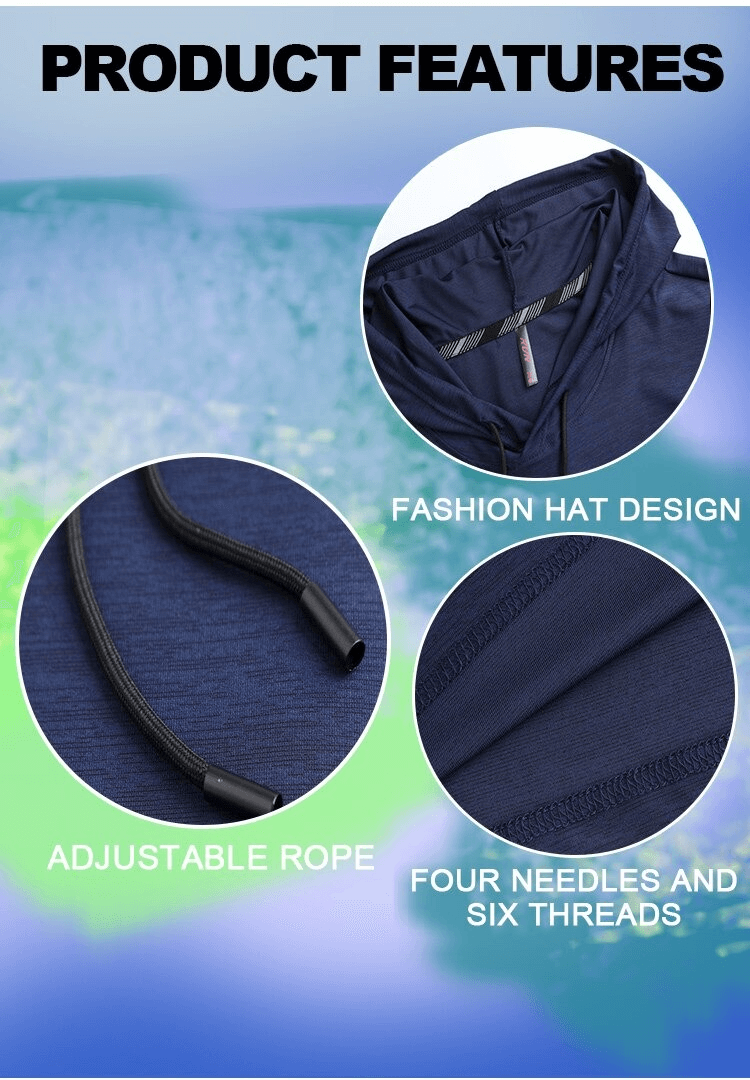 Sports Running Quick-Dry T-Shirt with Hood showcasing features: fashion hat design, adjustable rope, and durable stitching.