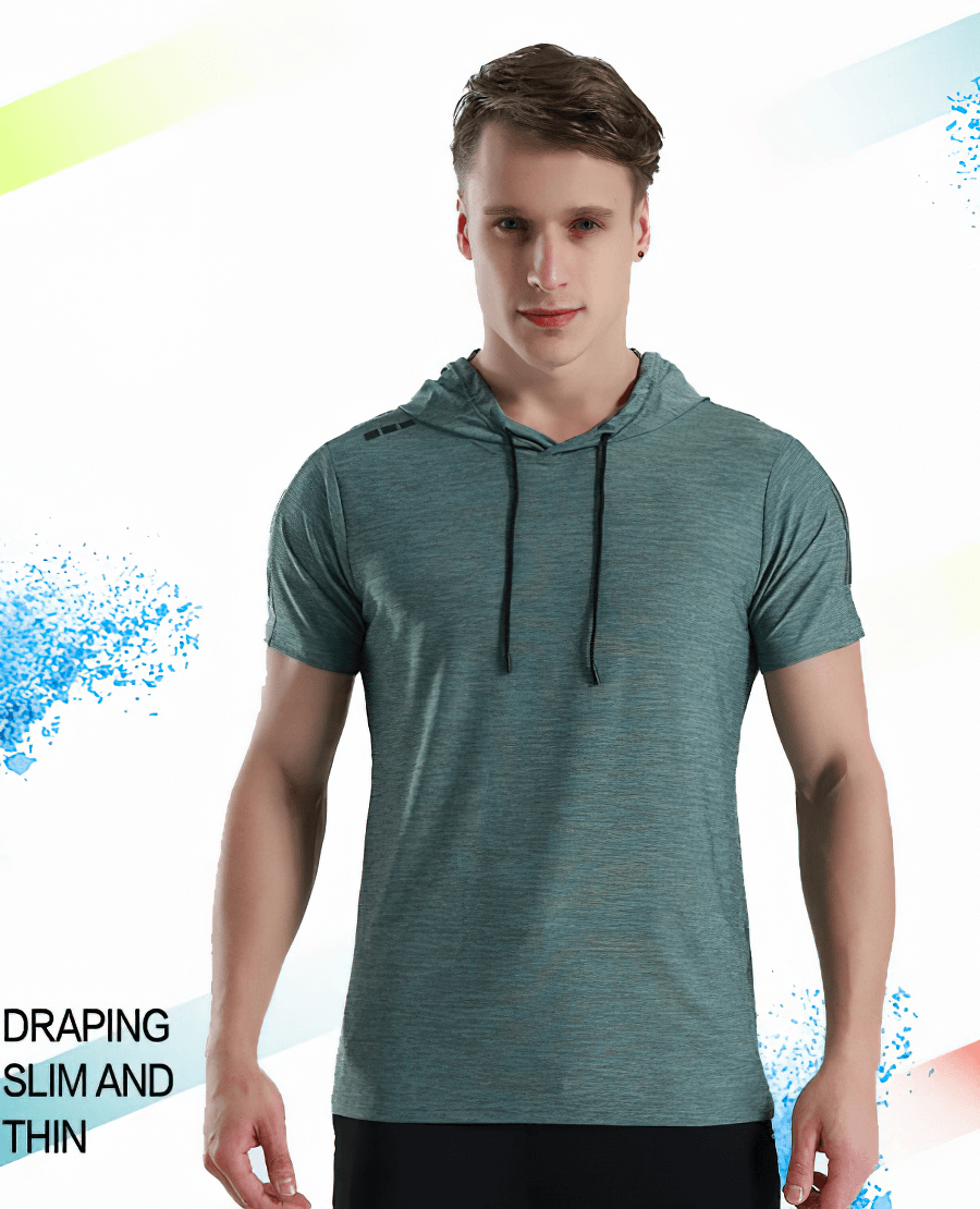 Man wearing a Sports Running Quick-Dry T-Shirt with Hood in green, showcasing a slim fit perfect for workouts and running.