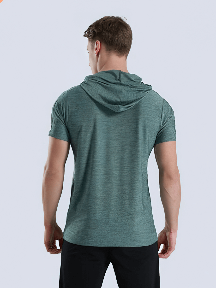 Back view of a man wearing a teal quick-dry sports running T-shirt with hood, showcasing its breathable and sweat-absorbent material.