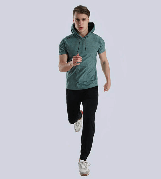 Man running in a teal quick-dry sports T-shirt with hood, showcasing workout wear SF0351 for comfortable training.