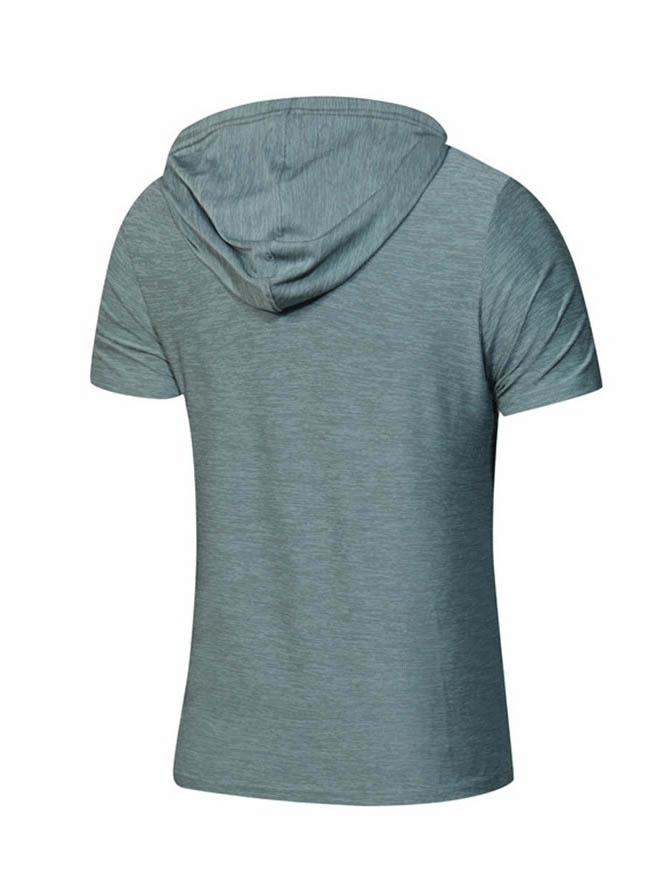 Back view of a grey sports running quick-dry T-shirt with hood, ideal for workouts, featuring breathable polyester material and sweat-absorbency.