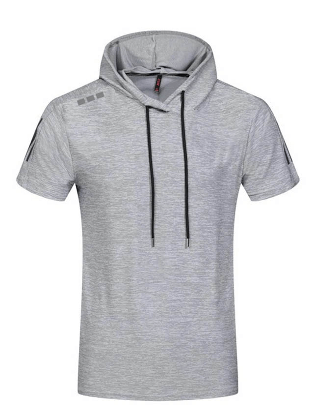 Gray sports running quick-dry T-shirt with hood, featuring breathable polyester material ideal for workout and training.