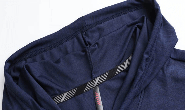 Close-up of a navy sports running quick-dry T-shirt hood, showcasing its breathable polyester fabric and workout-friendly design.