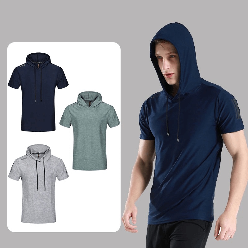 Sports Running Quick-Dry T-Shirt with Hood in navy, gray, light gray. High-elasticity, breathable workout wear for basketball, running.