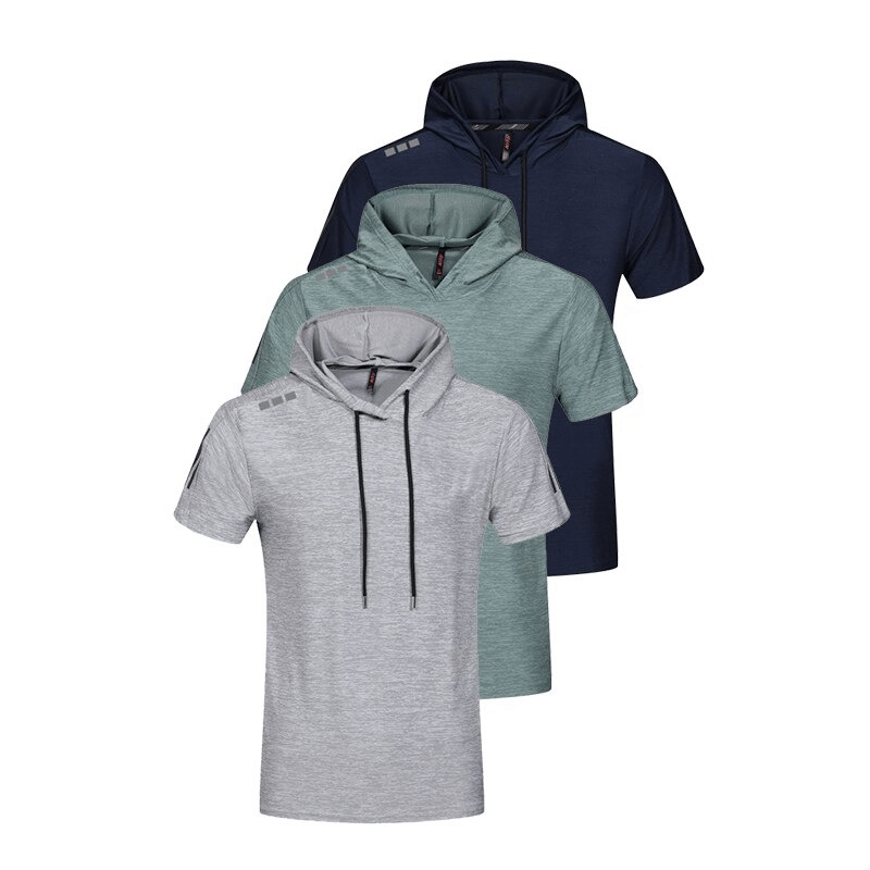 Three quick-dry sports hooded T-shirts, polyester material, in grey, green, and navy. Perfect for running, basketball, and workouts.
