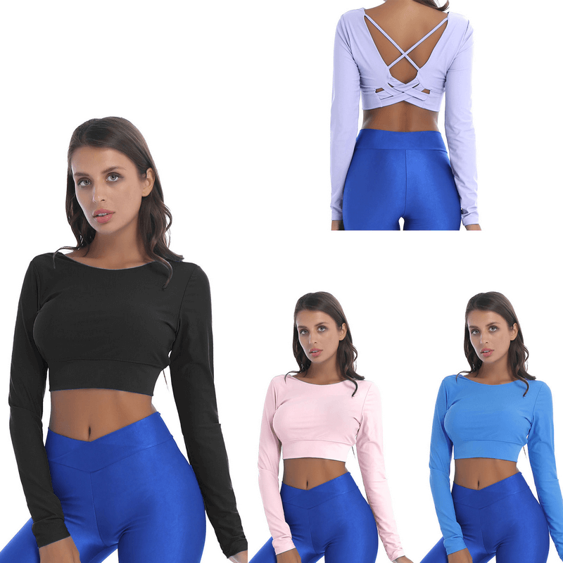 Women's Sports Seamless Long Sleeves Cropped Tops with Back Cross Strappy, shown in black, pink, blue, and white. SF1017 style.