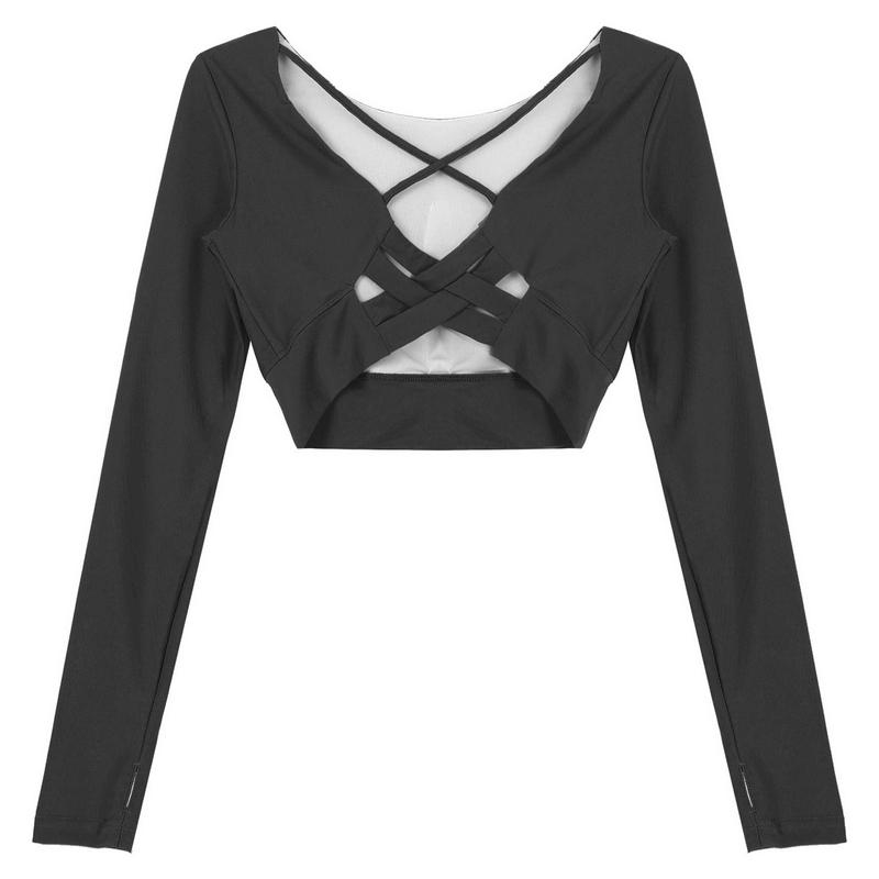 Black seamless long sleeves cropped top with back cross strappy design, made of nylon and spandex for active lifestyle.