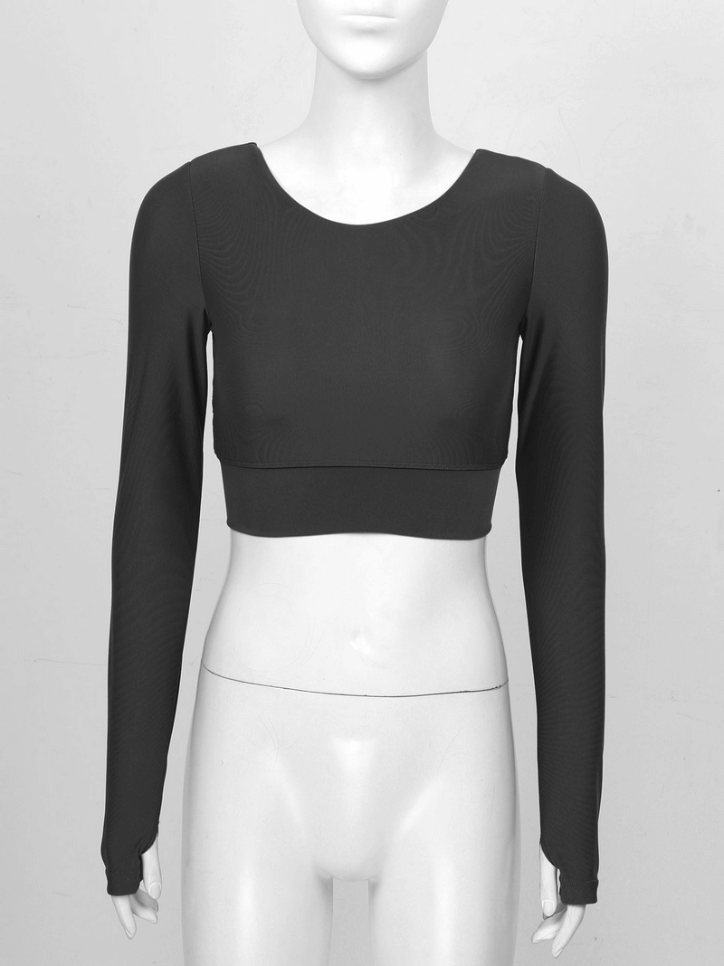 Black sports seamless cropped top with long sleeves and back cross strappy design, featuring an O-neck collar.