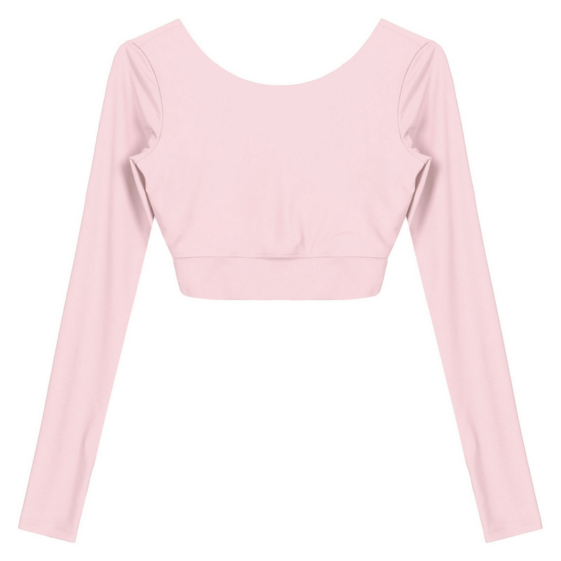 Pink sports seamless long sleeves cropped top with back cross strappy design, perfect for active wear, featuring O-neck collar.