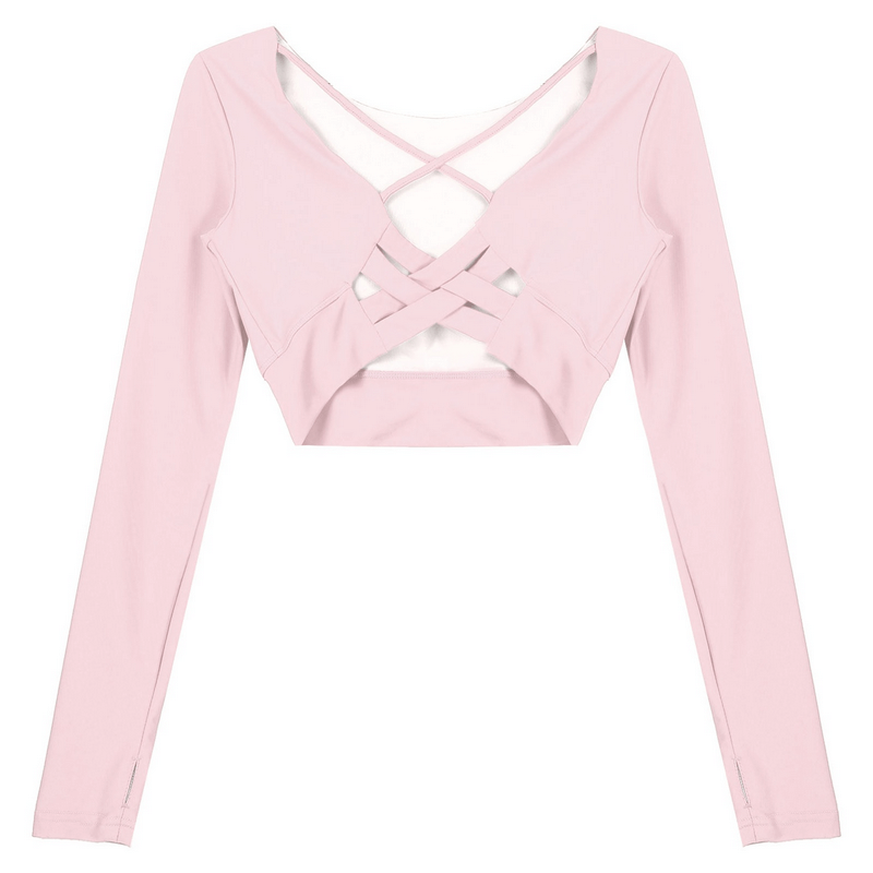 Pink sports seamless long sleeve cropped top with cross strappy back, SF1017. Perfect for active lifestyle, breathable nylon-spandex blend.