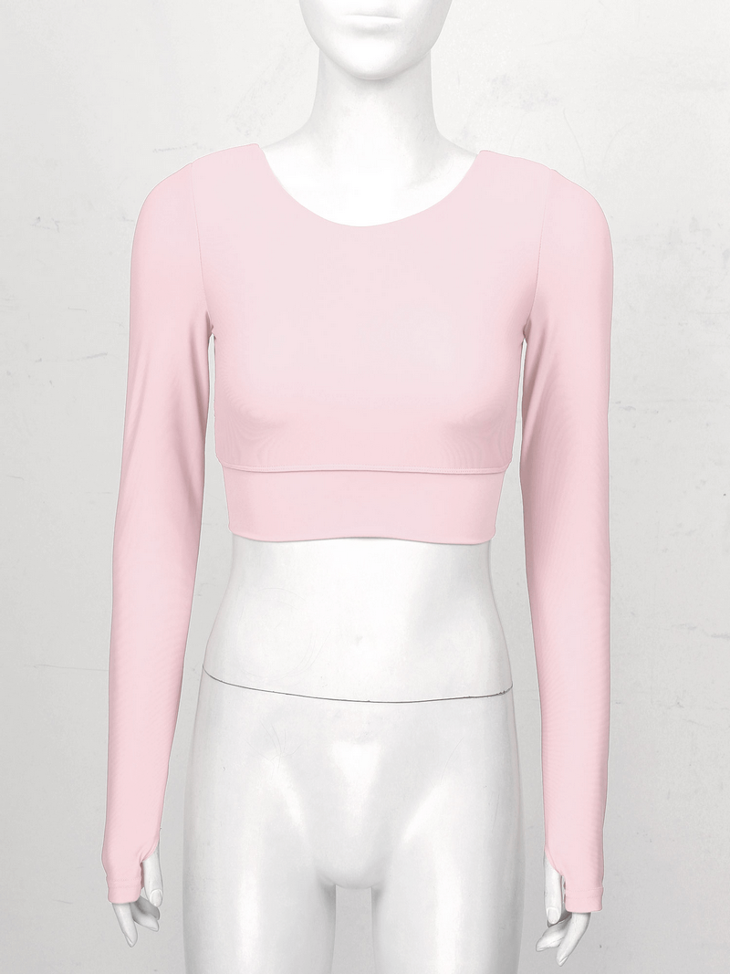 Sports seamless long sleeves cropped top in pink with back cross strappy design, perfect for active wear and modern style. SF1017.