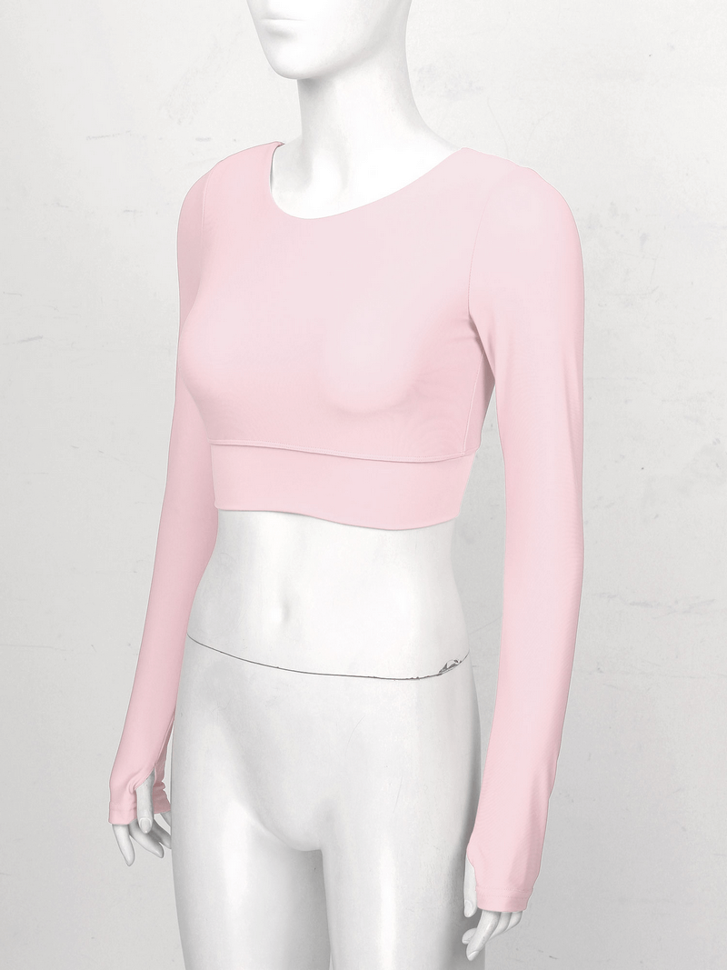 Pink sports seamless long sleeves cropped top with back cross straps on mannequin, perfect for activewear, SF1017 style.