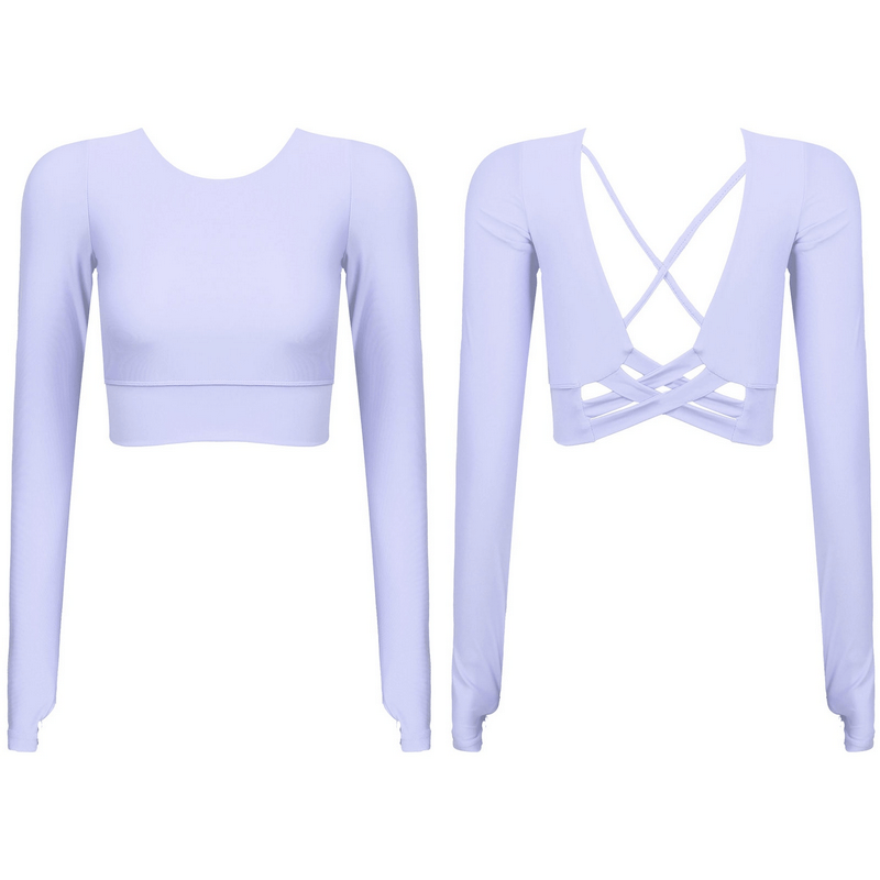 Sports Seamless Long Sleeves Cropped Top with Back Cross Strappy, featuring a stylish design, lightweight fabric, and O-neck collar.