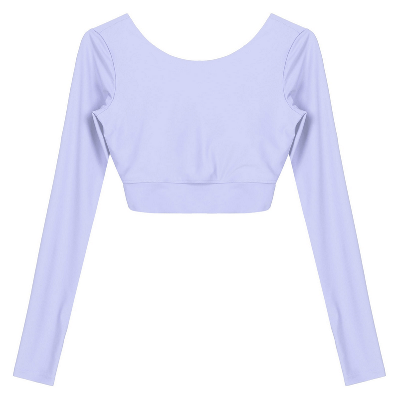 Sports seamless long sleeves cropped top with back cross strappy in lavender, featuring an O-neck collar for active wear enthusiasts.