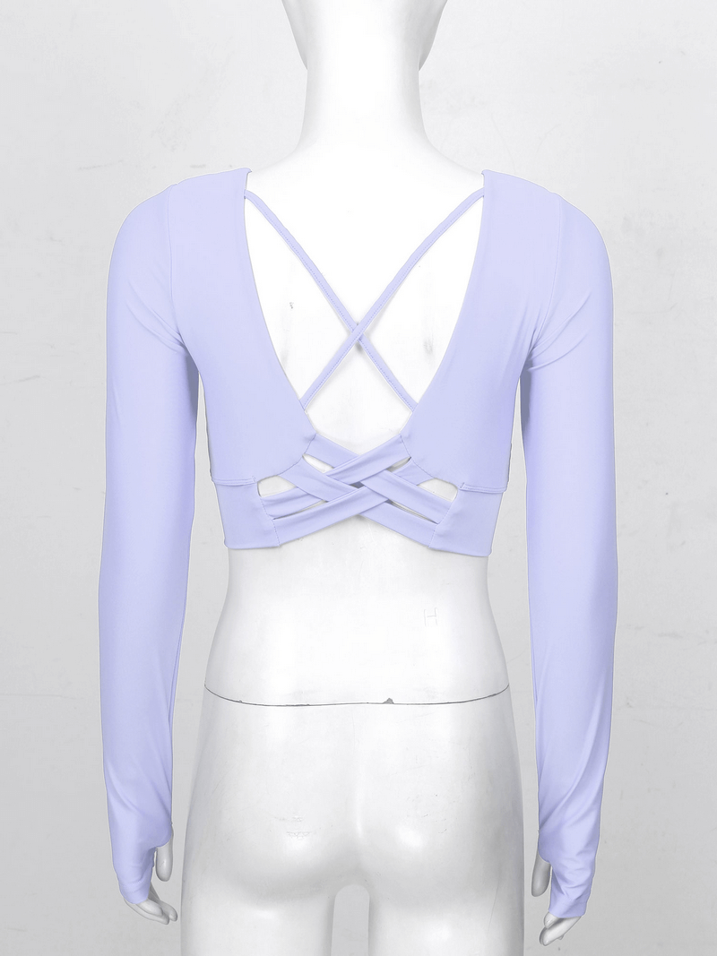 Back view of a lilac sports seamless long sleeves cropped top with stylish cross strappy design, perfect for an active lifestyle.