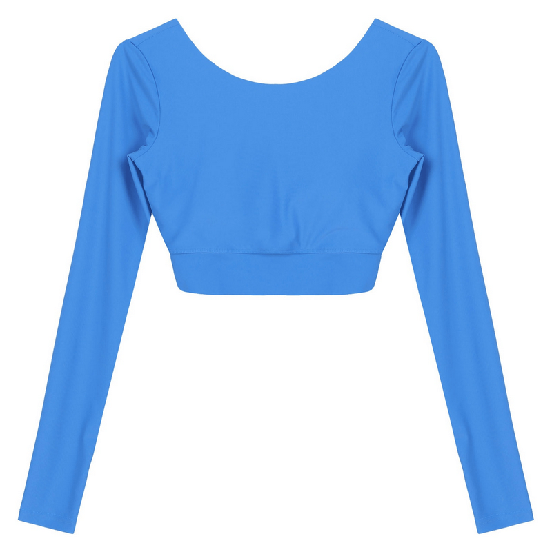 Blue long sleeve sports cropped top with back cross strappy design. Perfect for active lifestyles with breathable nylon-spandex blend.