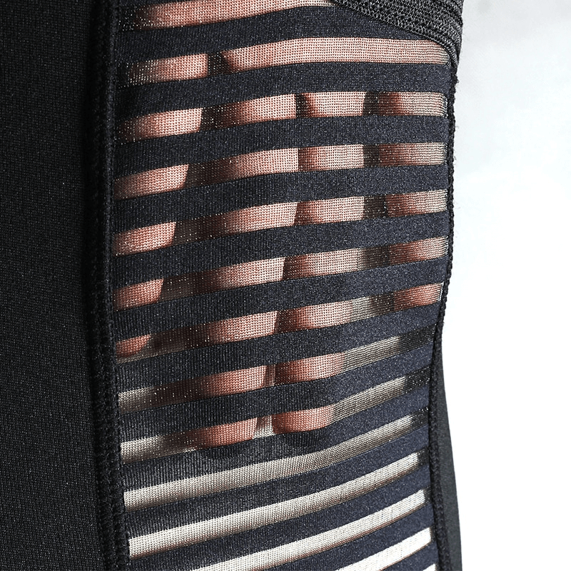 Close-up of mesh patchwork on high waist leggings, showcasing breathable material and seamless stitch design for women.