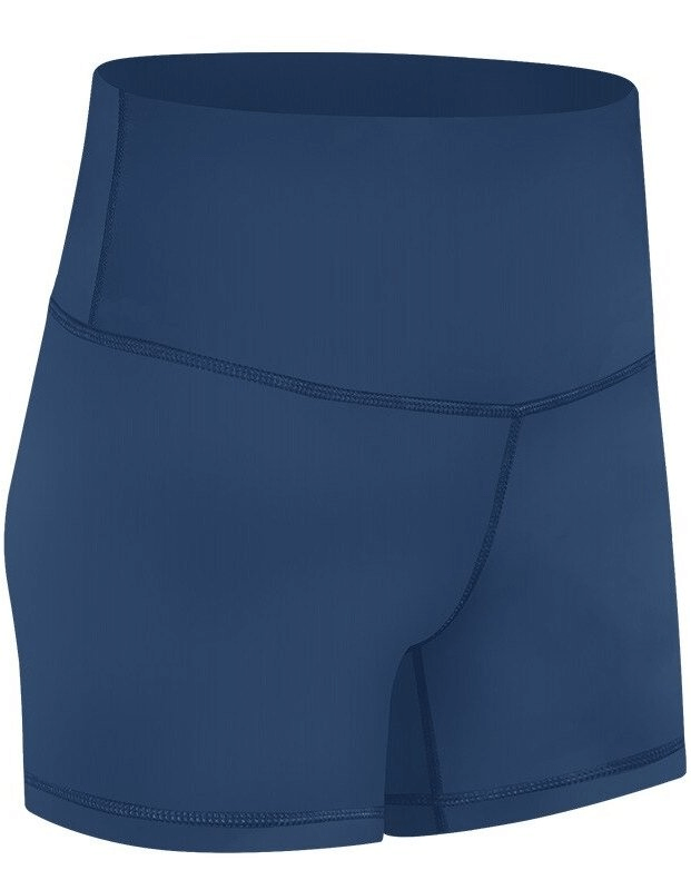 Navy blue elastic women's training shorts made from nylon and spandex blend, perfect for yoga and workouts.