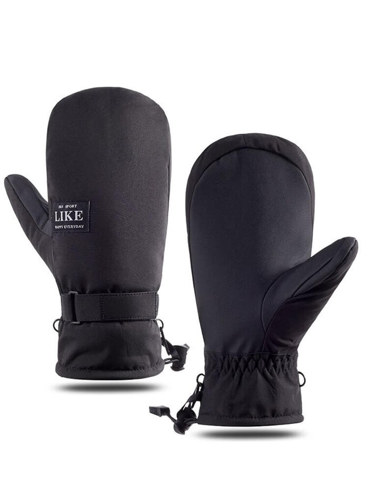 Unisex black skiing mittens with touchscreen tips, perfect for skiing, riding, and camping. Durable and warm design. Model SF0390.