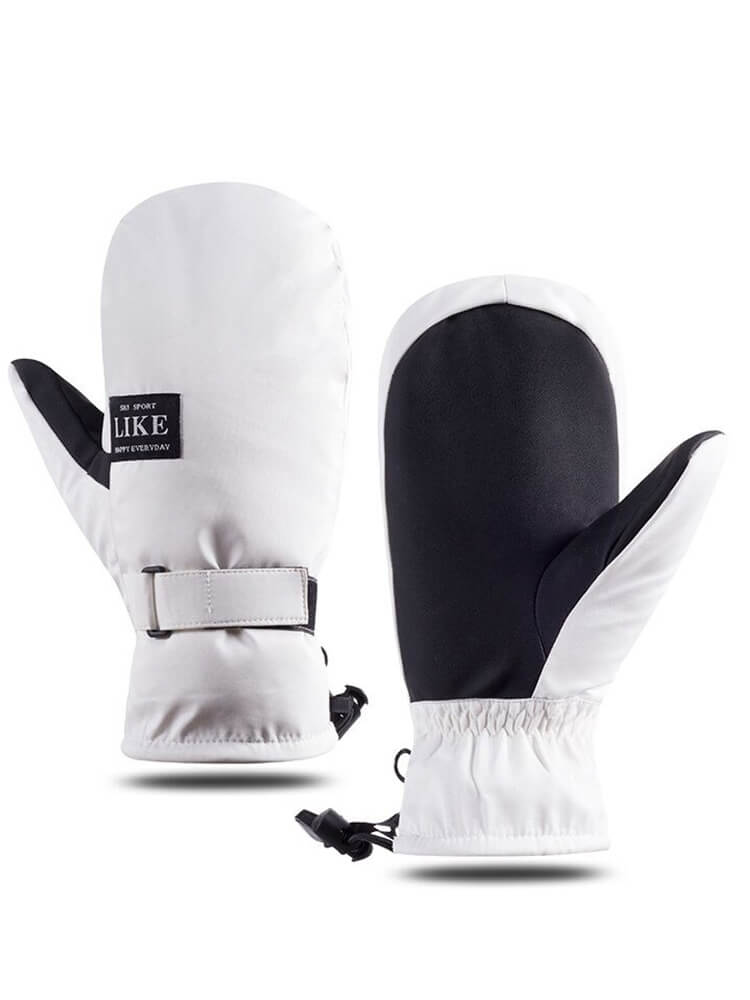 White and black skiing touchscreen gloves for men and women, featuring a durable polyester shell, perfect for skiing and outdoor sports.