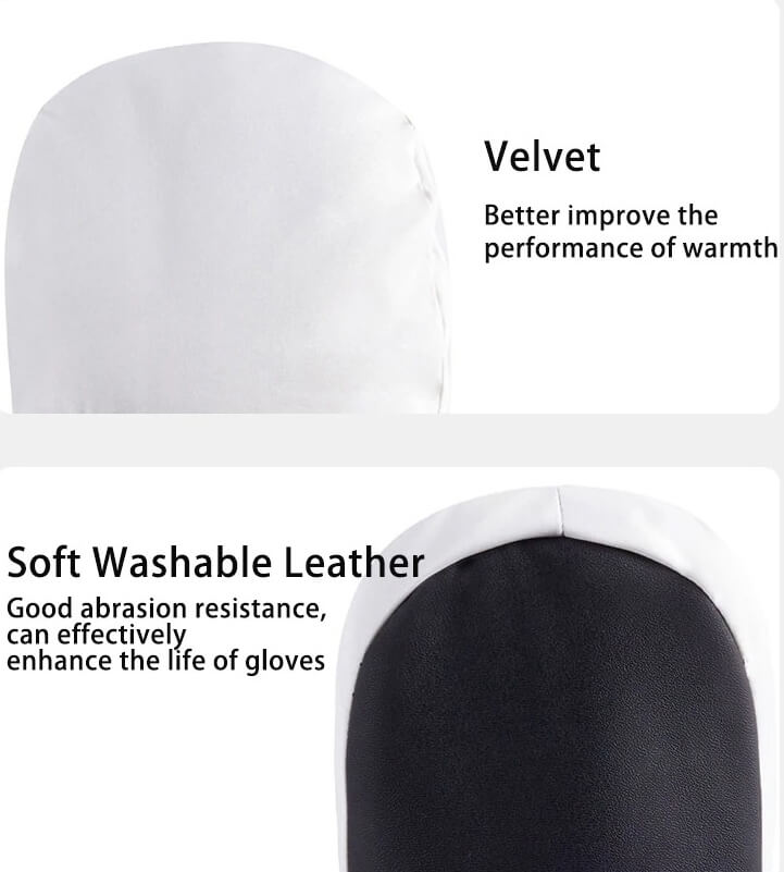 Close-up of sports skiing gloves highlighting velvet warmth and soft washable leather durability features.