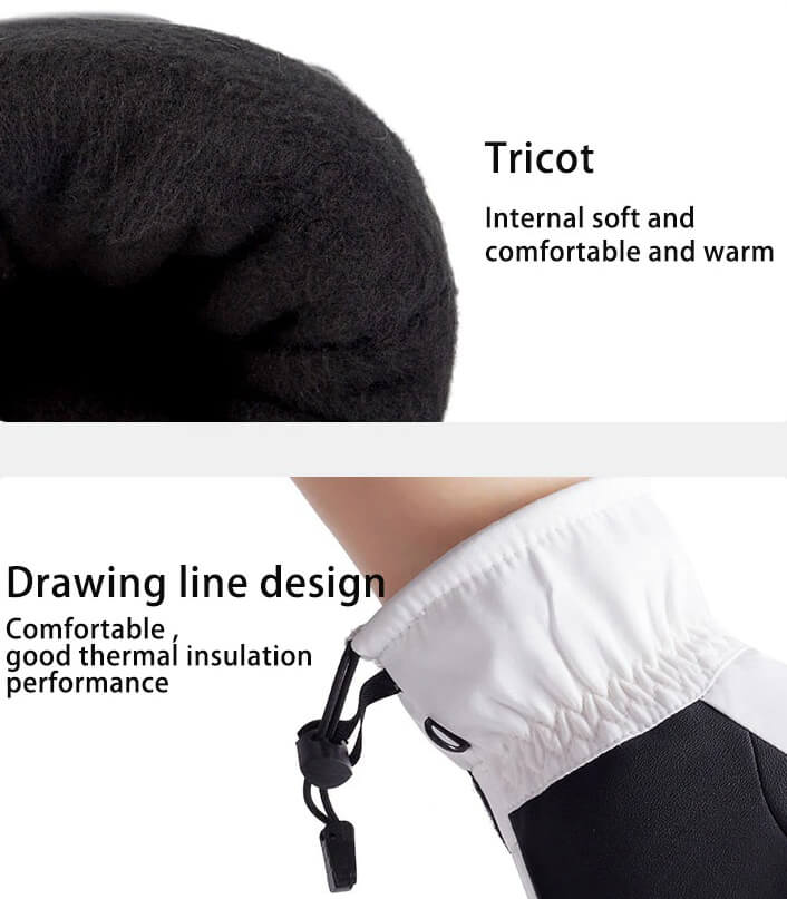 Close-up of skiing gloves showcasing soft tricot interior and thermal insulation design, ideal for outdoor activities.