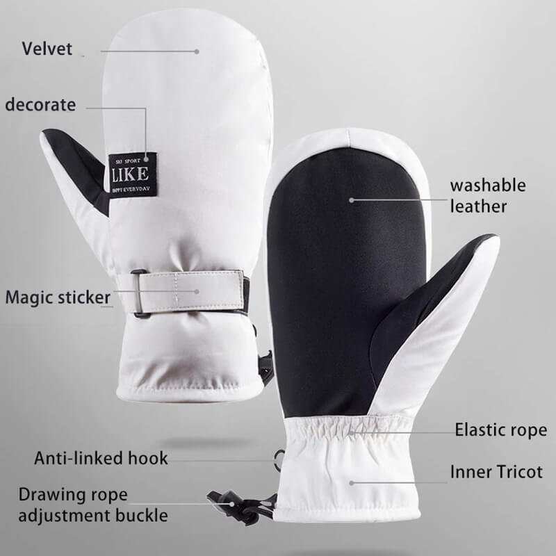 White skiing gloves with magic sticker, velvet lining, and elastic rope. Featured in keywords: decorate, washable leather, inner tricot.