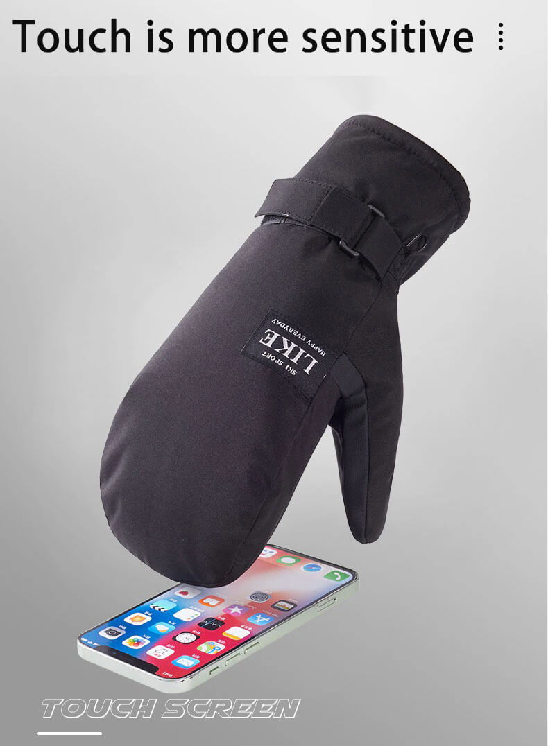 Unisex skiing gloves with touchscreen compatibility, shown interacting with a smartphone, ideal for outdoor activities like skiing and camping.