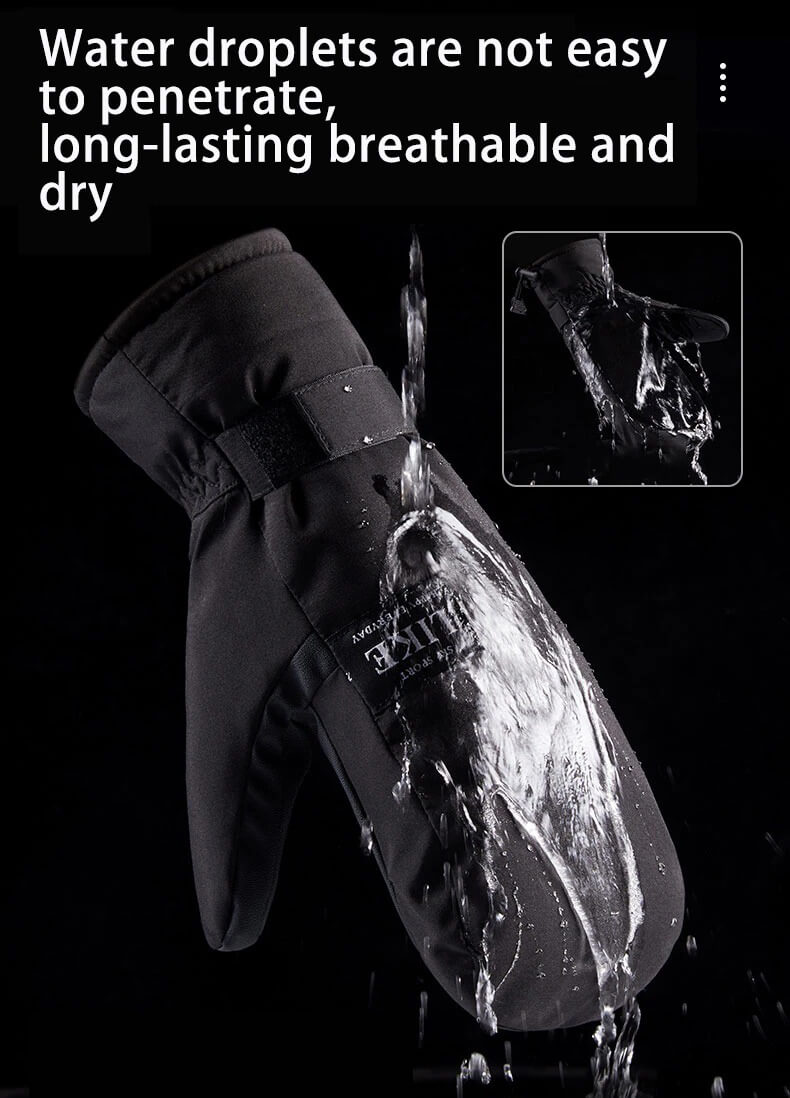 Water-resistant touch screen gloves with water droplets showcasing breathability and durability for skiing and outdoor activities.