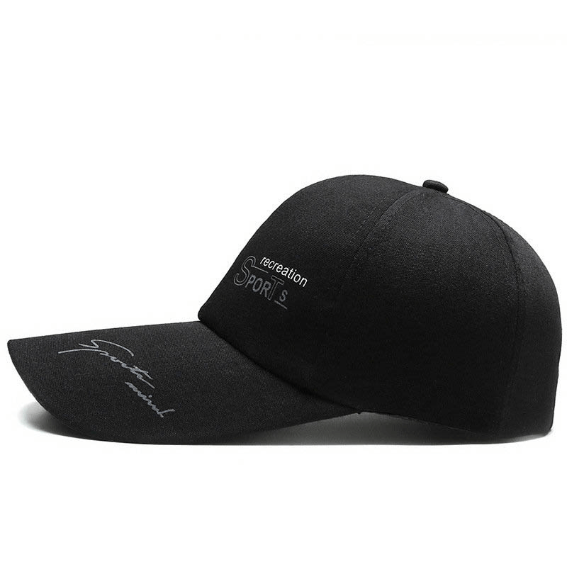 Black sports solid color adjustable baseball cap with long visor, features white printed logo design, perfect for casual outings.
