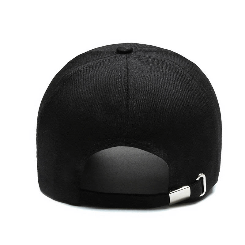 Back view of a black adjustable baseball cap with strap and closure.