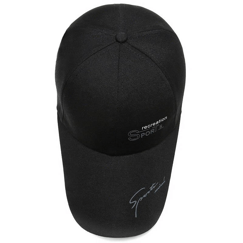 Black adjustable baseball cap with long visor and sports print, unisex style, perfect for casual wear, product code SF0797.