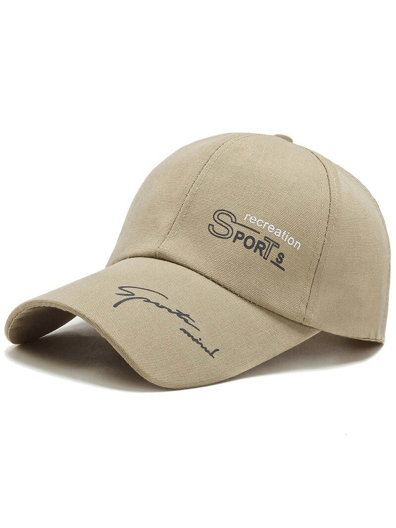 Sports solid color baseball cap with long visor and adjustable strap, featuring stylish print. Unisex casual accessory, perfect for activities.