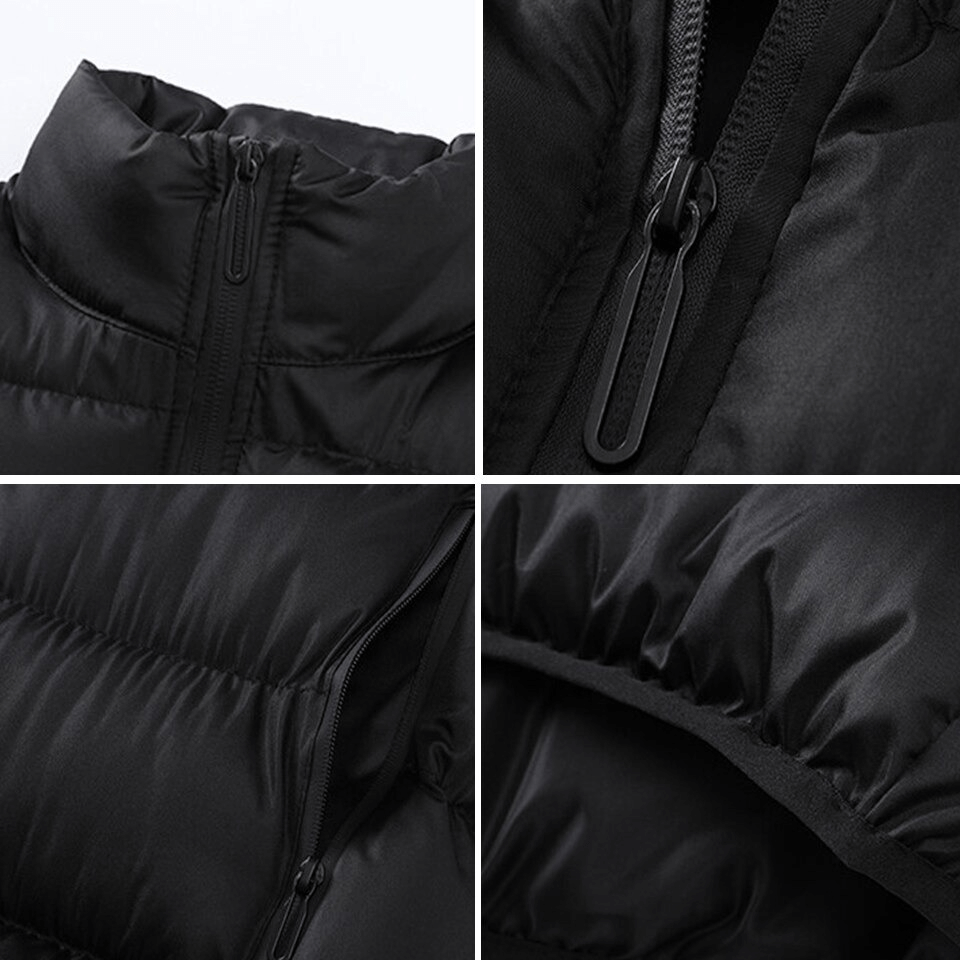 Close-up of black windproof sports vest, showing stand collar, zipper details, and stitching of the sleeveless football jacket.