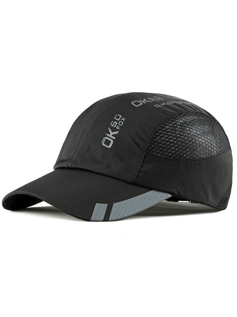 Black breathable adjustable baseball cap with thin light design, ideal for sports and outdoor activities, featuring 50+ UPF sun protection.