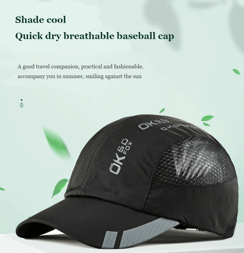 Sporty breathable baseball cap with mesh panels, black color, offers sun protection, ideal for outdoor activities like cycling or hiking.