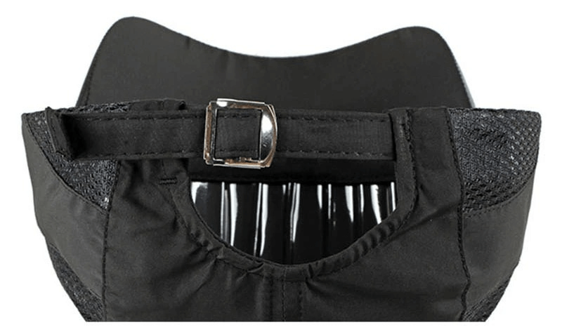 Close-up of adjustable strap on breathable black baseball cap SF0458, perfect for outdoor activities with 50+ UPF protection.