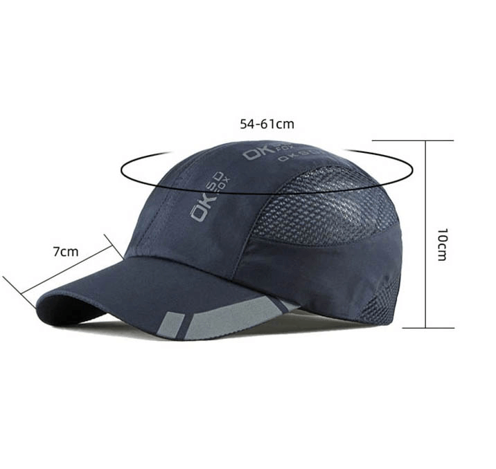 Sports Thin Light Section Breathable Baseball Cap SF0458 with adjustable fit, UPF 50+ protection, and measurements shown.