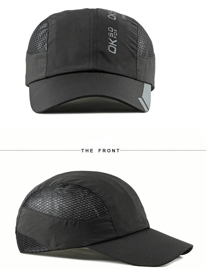 Black breathable adjustable baseball cap SF0458 with mesh sides for outdoor sports and 50+ UPF sun protection, front and side view.