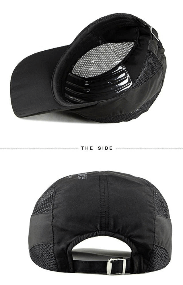 Black breathable adjustable baseball cap SF0458 with mesh detail and buckle closure, perfect for sun protection and outdoor sports.