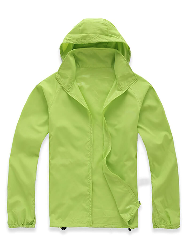 Lime green sports ultralight waterproof rain jacket for women and men, perfect for outdoor activities with quick-dry technology.
