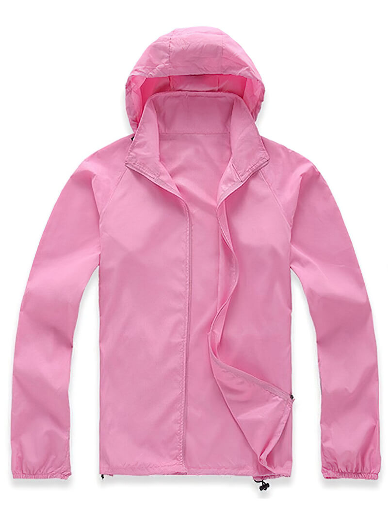 Pink sports ultralight waterproof rain jacket for women and men with hood, ideal for outdoor activities, featuring quick-dry and anti-static technology.