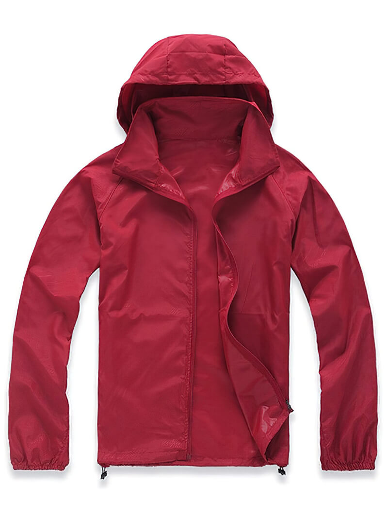 Red ultralight waterproof rain jacket for women and men, SF0683, featuring power-dry technology for camping and hiking comfort.