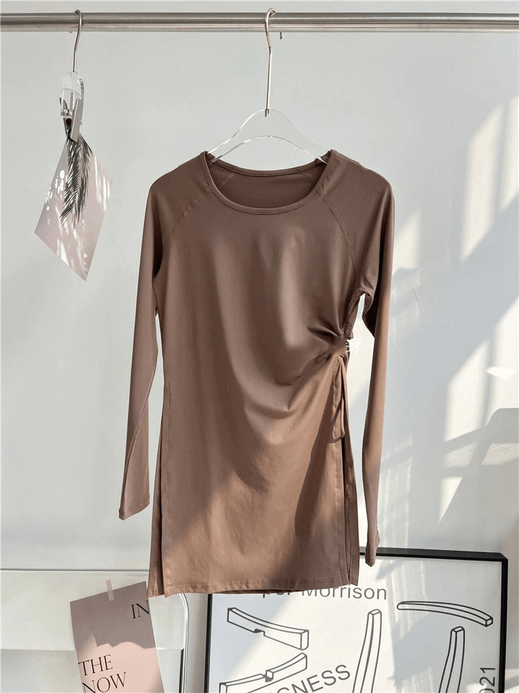 Sports Waist Drawstring Top with Slits - Elastic Fit, Full Sleeve Women's Fitness Shirt on Hanger