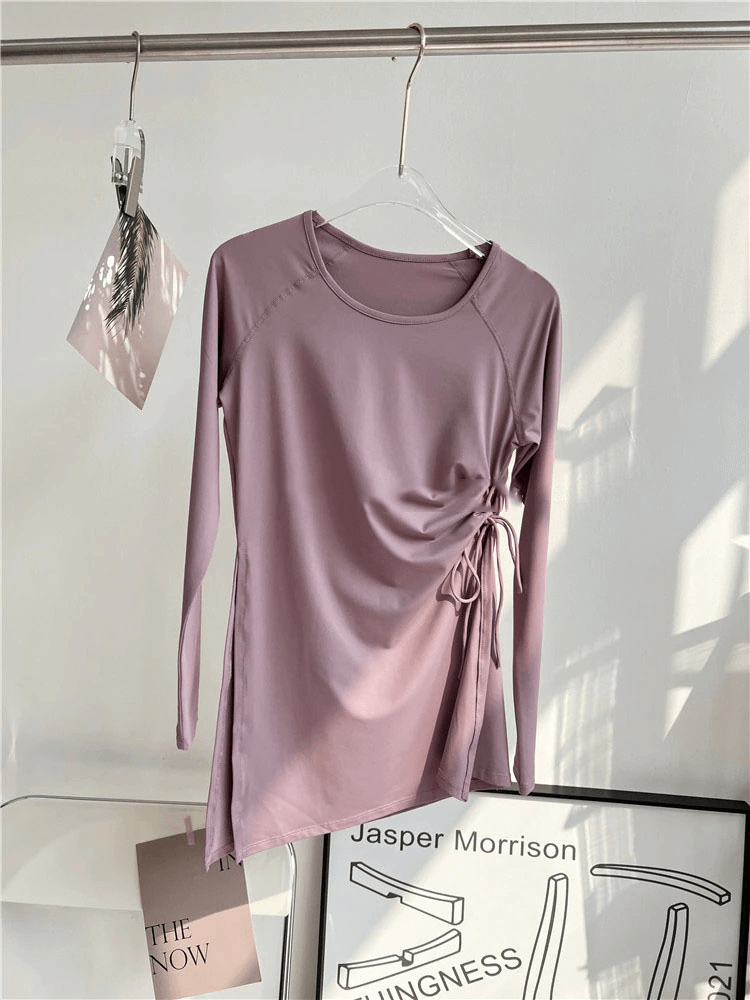 Women's sports waist drawstring top with slits in mauve, full sleeves, elastic fit, and customizable style, perfect for fitness.