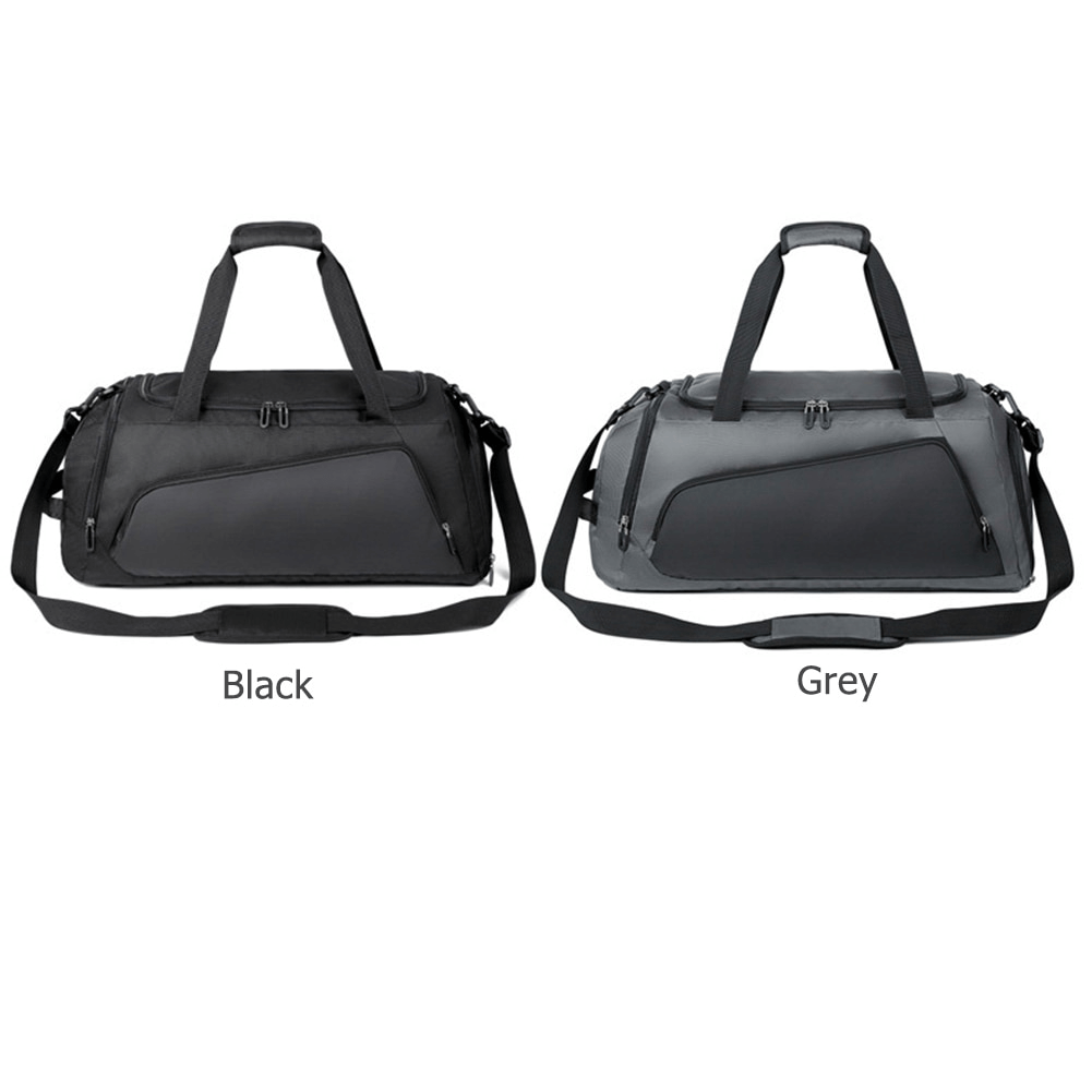 Two Sports Waterproof Portable Bags with Shoe Compartment in black and grey, featuring waterproof oxford material and zipper closure.