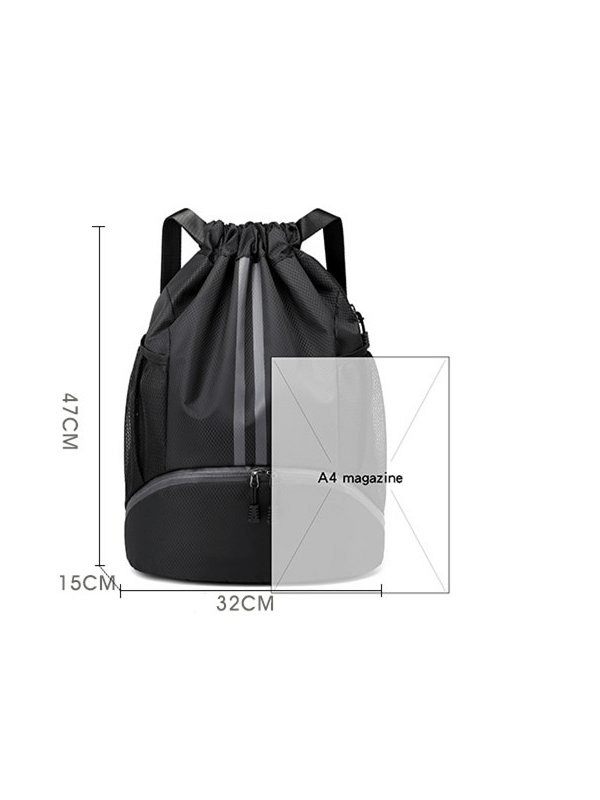 Black waterproof sports shoe bag with drawstring, unisex design, 15L capacity, dimensions 47x32x15cm, ideal for swimming gear.