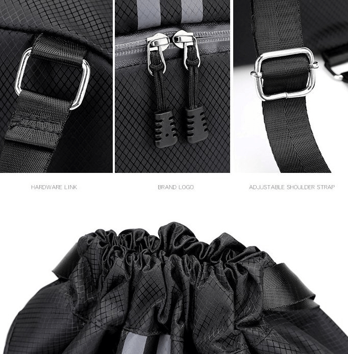 Close-up of black sports waterproof shoe bag with adjustable shoulder strap, secure zipper, and durable hardware. Unisex design, 15L capacity.