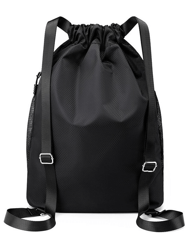 Black waterproof sports bag with drawstring closure, perfect for carrying shoes and gear. 15L unisex backpack for outdoor adventures.